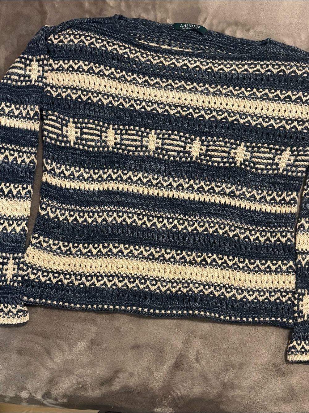 Ralph Lauren Navy & Cream Patterned Knit Crewneck Sweater